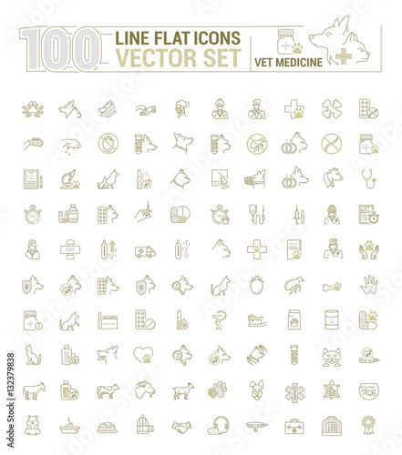 Vector graphic set. Icons in flat, contour, thin and linear design.Veterinary Medicine. Treatment, diagnosis and symptoms of pet disease.Consultation of doctor. Concept sign, symbol for Web site, app.