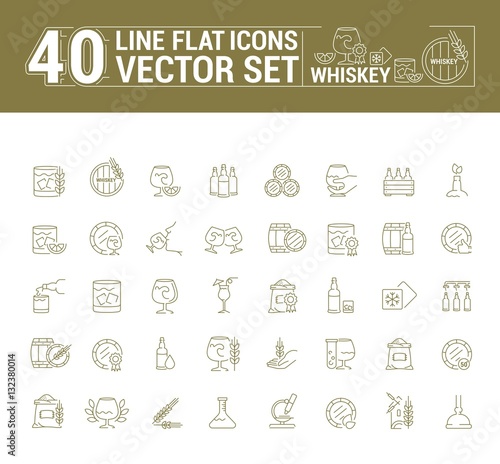 Vector graphic set of icons in flat, contour, thin and linear design. Scottish, Irish alcoholic drink whiskey. Concept infographic for Web site, app. Sign, symbol, emblem.