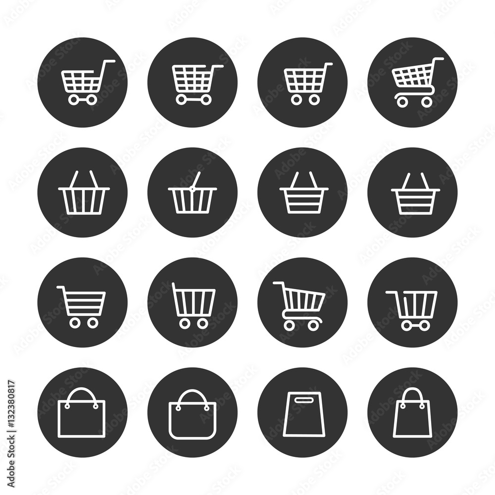Shopping baskets thin line icons set in black circles. Vector illustration Shopping baskets thin line icons set in black circles. Vector illustration