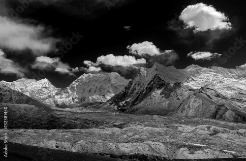 The view from the Chhukhung Ri on the Amphulapche peak and Imja Tsho - Everest region, Nepal, Himalayas (black and white) photo