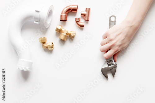 concept plumbing work top view on white background