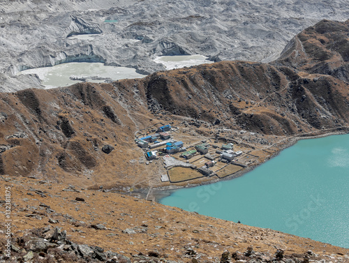 The view from the Gokyo Ri in the glacier, village, and the third lake (Dudh Pokhari) - Nepal photo