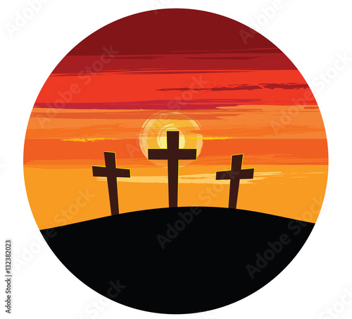 Vector illustration of three crosses on a hill silhouetted against a colorful sunset.