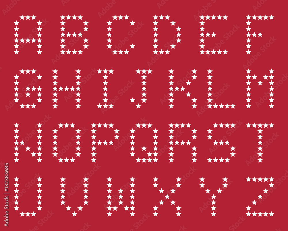 Star alphabet, font set, white isolated on red background, vector illustration. Star alphabet, font set, white isolated on red background, vector illustration.