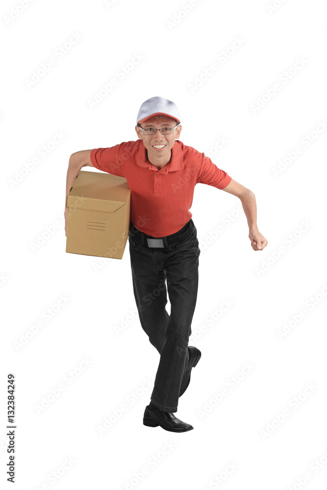 Asian male courier delivering a cardboard Asian male courier delivering a cardboard