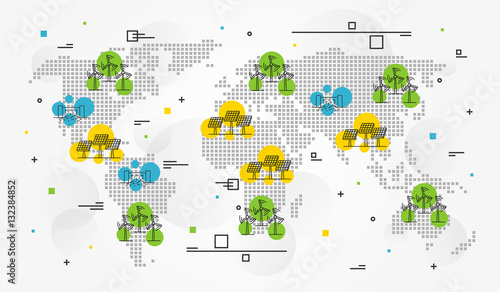 International eco energy vector illustration. Alternative ecological source of energy creative concept. Wind electricity, air turbine, solar panel, hydro electrostation elements.