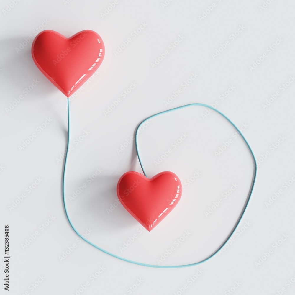 Couple hearts with blue line of connection. minimal concept idea.