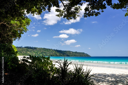 Fototapeta Naklejka Na Ścianę i Meble -  Stunning view of Radhanagar Beach on Havelock Island with trees and bushes in the foreground. Havelock Island is a beautiful small island belonging to the Andaman & Nicobar Islands in India, Asia.