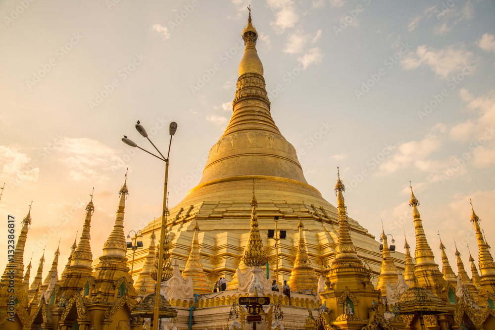 Fototapeta premium Shwedagon pagoda the most tourist attraction place in Yangon township of Myanmar during the sunset.(The foreigner text it's mean this corner is for the peoples who birth on Tuesday for make the merit)