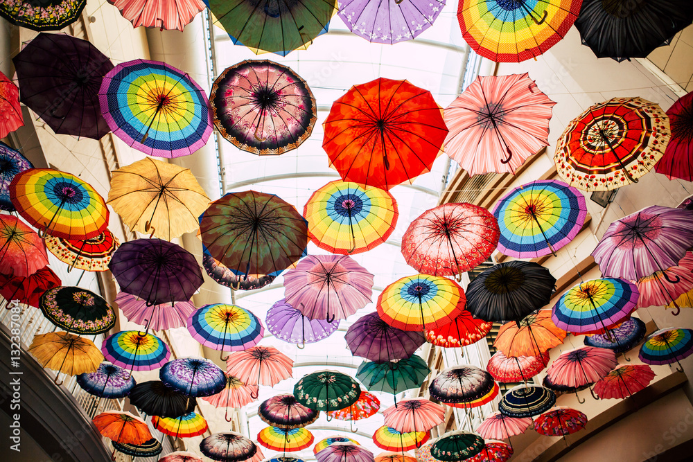 Colorful umbrellas background. Colorful umbrellas in the sky. Umbreala Street