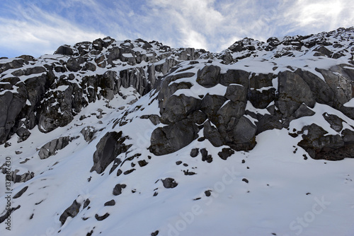 Alpine terrain with rock, snow and ice on Pico de Orizaba volcano, or Citlaltepetl, the highest mountain in Mexico, taken on a climb of the mountain photo