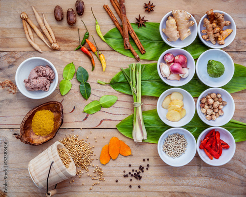 Various of thai food cooking ingredients for spice red curry pas