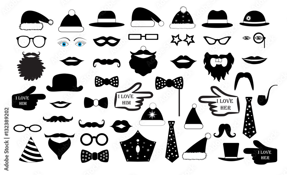 Set the party, the person's face fake. Glasses, hats, lips, mustaches, tie, monocle, icons. vector illustration Set the party, the person's face fake. Glasses, hats, lips, mustaches, tie, monocle, icons. vector illustration