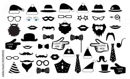 Set the party, the person's face fake. Glasses, hats, lips, mustaches, tie, monocle, icons. vector illustration
