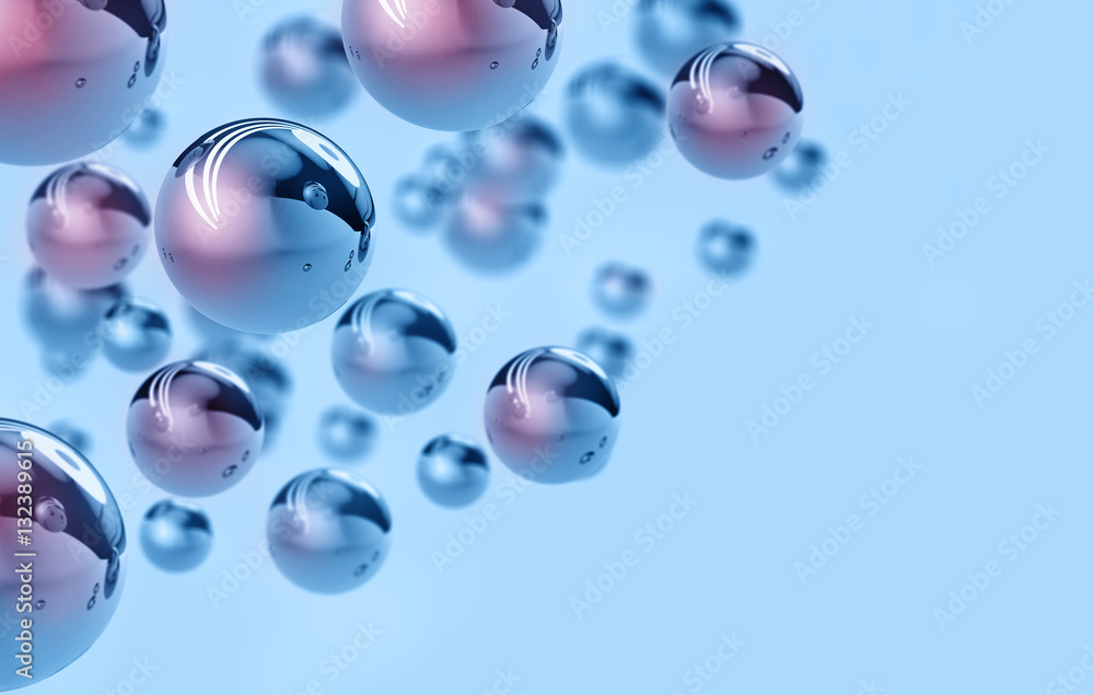 Blue and pink background with drops in air. 3d illustration.