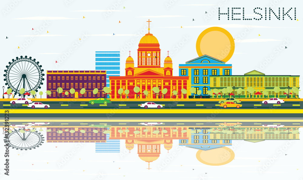 Obraz premium Helsinki Skyline with Color Buildings, Blue Sky and Reflections.