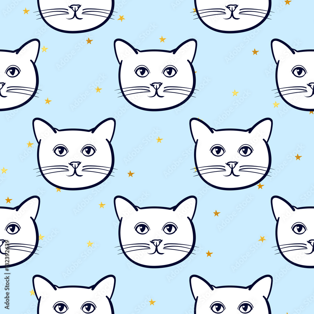 Seamless pattern with cute cats animal and gold stars. Children linear illustration. To print T-shirts, bags or cover.