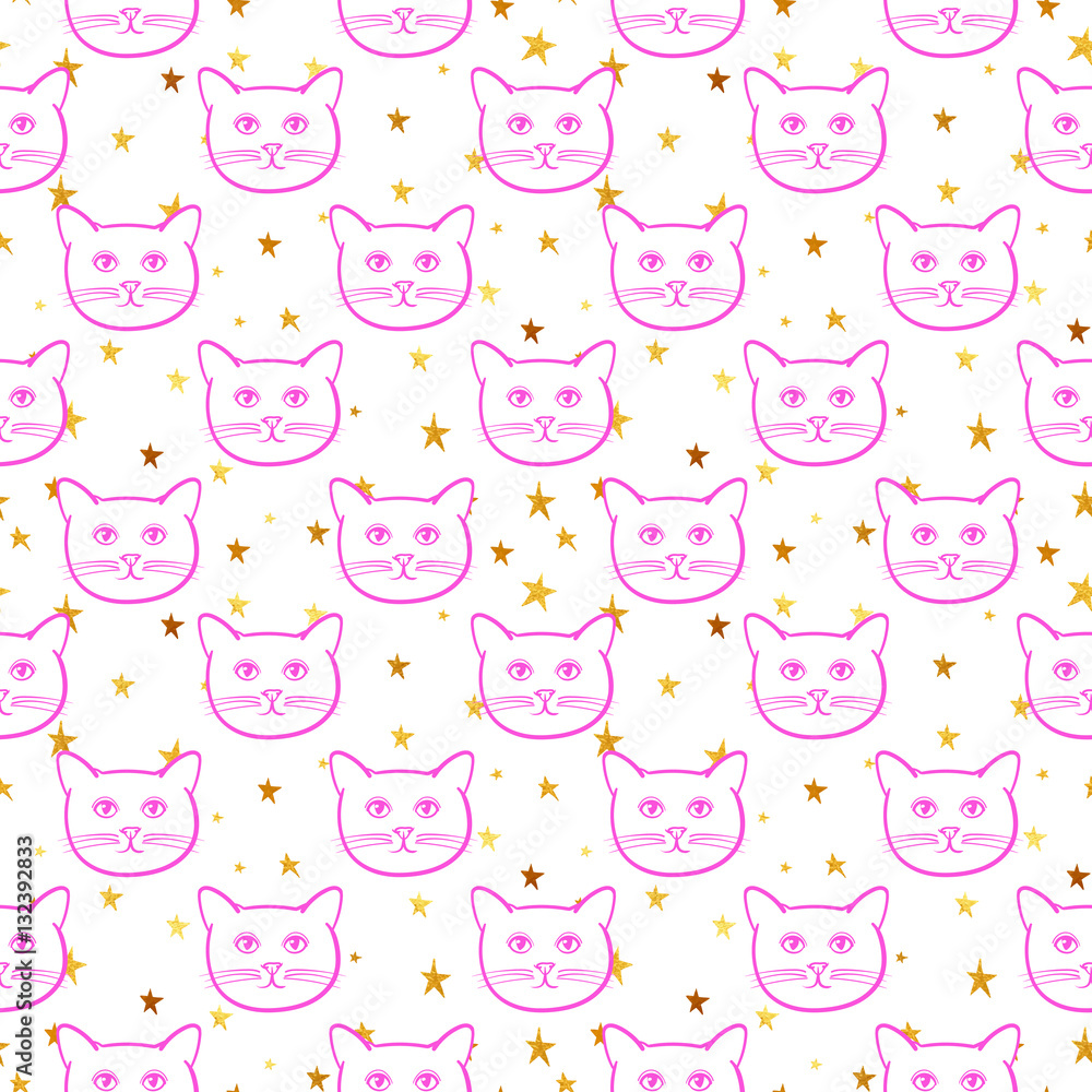 Seamless pattern with cute cats animal and gold stars. Children linear illustration. To print T-shirts, bags or cover. Seamless pattern with cute cats animal and gold stars. Children linear illustration. To print T-shirts, bags or cover.