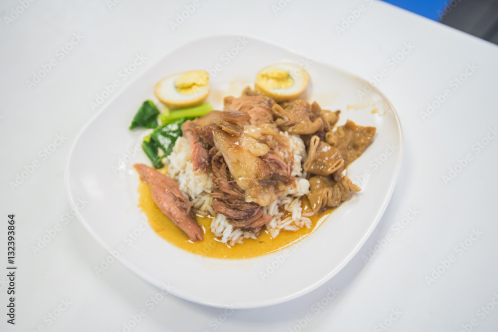 Stewed pork leg on rice, Thai food