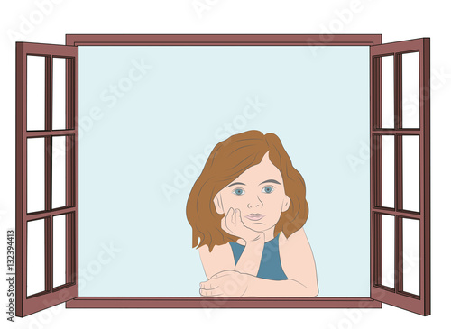 girl looking out the window. vector illustration.