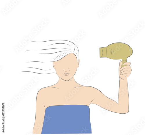 woman with a hair dryer dries hair. vector illustration.