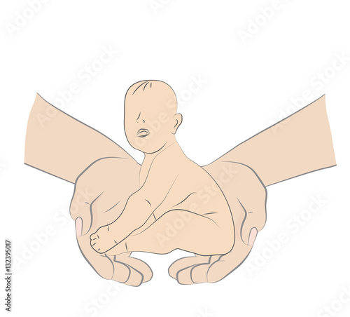 Vector baby held carefully in a protective and safe hand 