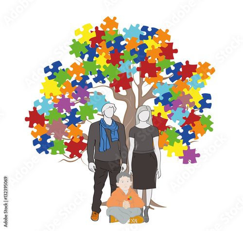 a child with parents sitting under a tree. Puzzle Pieces in Autism Awareness Colors Background, 3D rendering