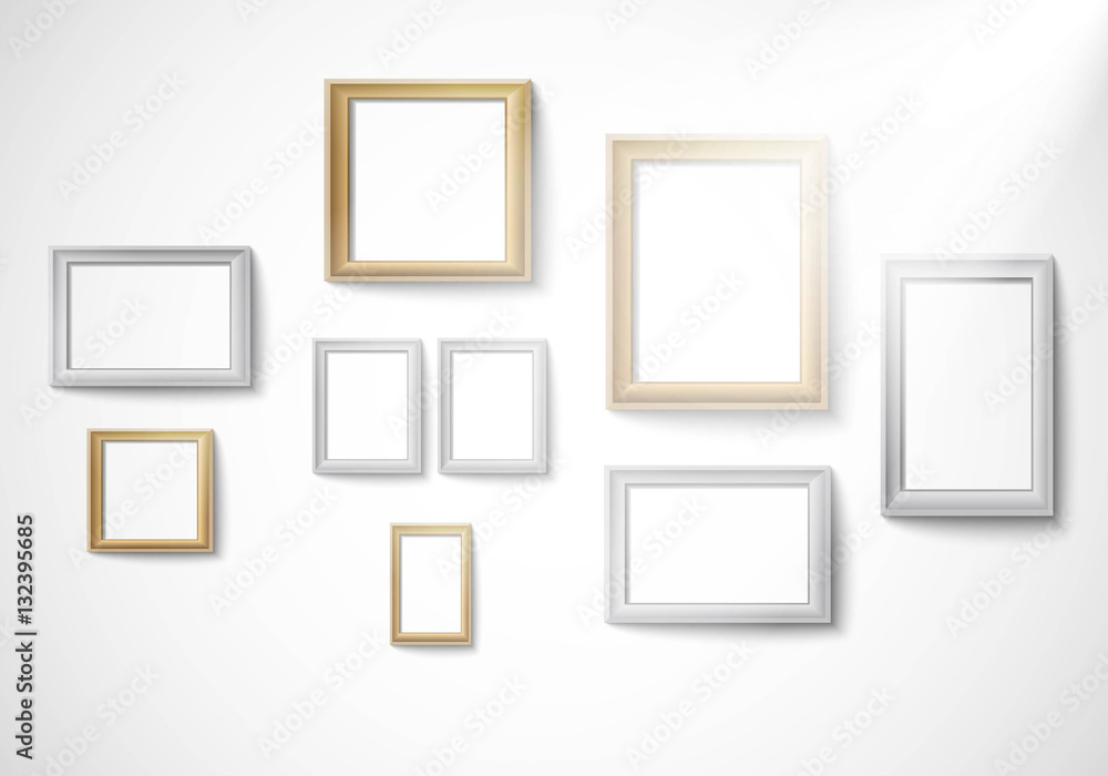 Blank gold and silver picture frame template isolated on wall with light Vector Blank gold and silver picture frame template isolated on wall with light Vector
