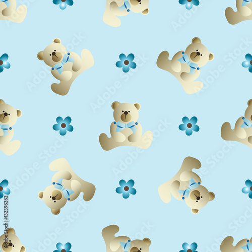 Seamless pattern with teddy bear with a bow and flowers on a blue background