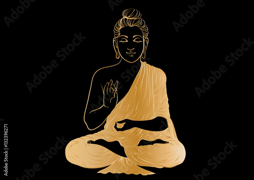 Drawing of a Buddha statue. Art vector illustration of Gautama - gold line art on a black background. Buddhism Religion