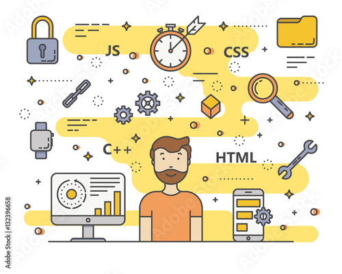 Vector thin line flat design web development, programming concept banner