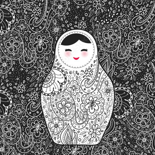 Russian doll matrioshka Babushka smiling face with pink cheeks, sketch flowers and leaves contours on black background. Vector