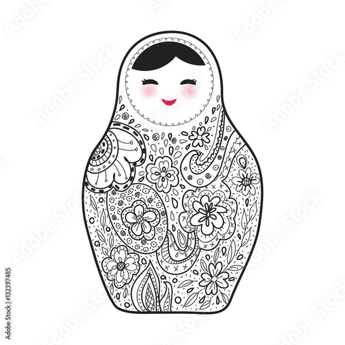Russian doll matrioshka Babushka sketch smiling face with pink cheeks on white background. Vector