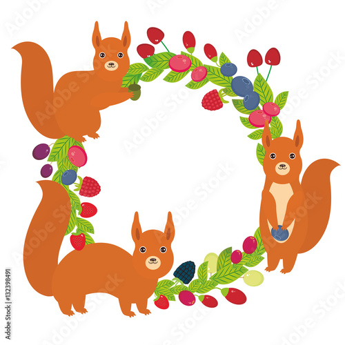 Round wreath with red squirrels Cherry Strawberry Raspberry Blackberry Blueberry Cranberry Cowberry Goji Grape Fresh juicy berries on white background. Vector