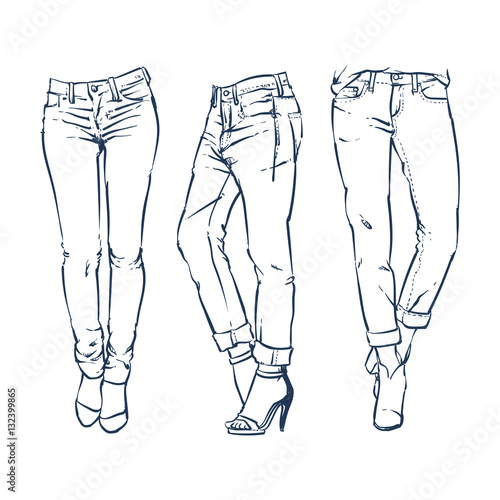 Hand drawn fashion design women's jeans outline, clip art