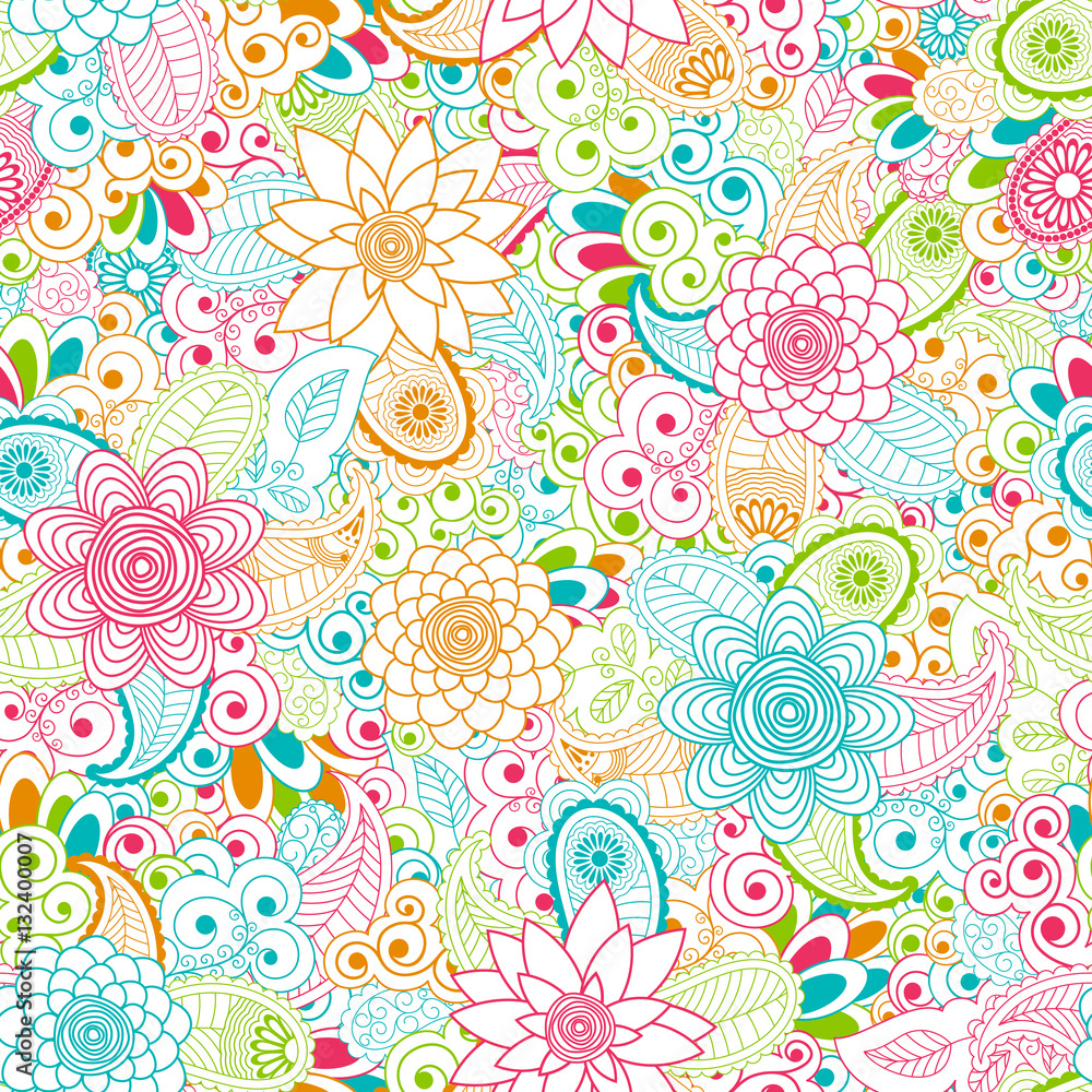 Seamless background of ethnic style. Summer pattern of flowers and leaves.
