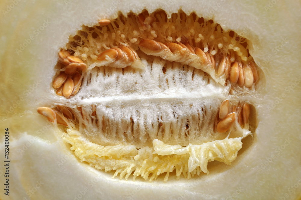 The core of ripe melon with seeds and meat close up. The core of ripe melon with seeds and meat close up.