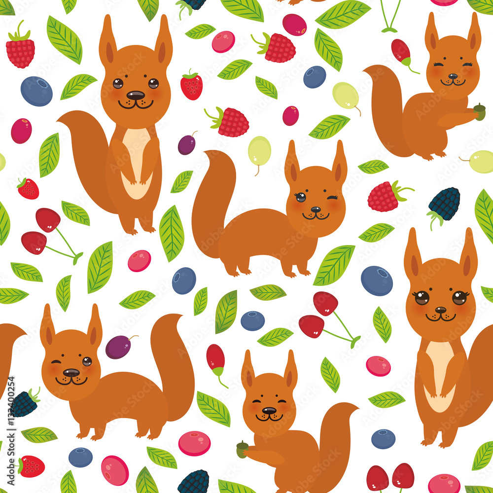 seamless pattern with red squirrel, Cherry Strawberry Raspberry Blackberry Blueberry Cranberry Cowberry Goji Grape isolated on white background. Vector