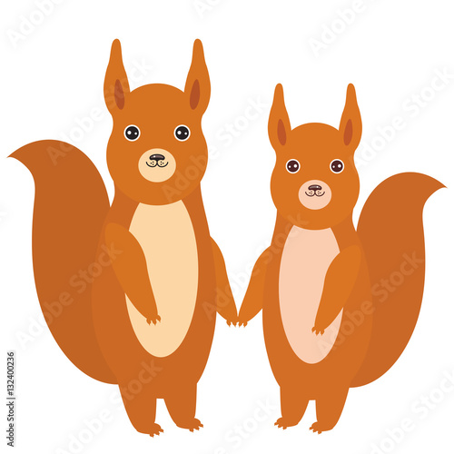 Set of funny red squirrels with fluffy tail isolated on white background. Vector