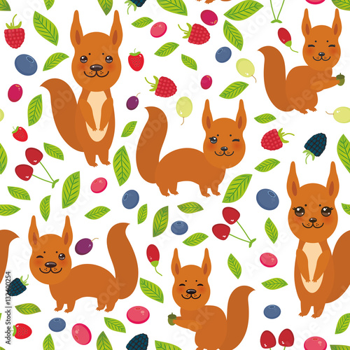 seamless pattern with red squirrel, Cherry Strawberry Raspberry Blackberry Blueberry Cranberry Cowberry Goji Grape isolated on white background. Vector