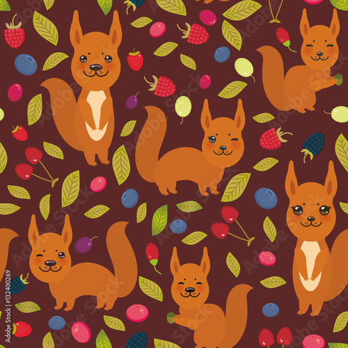 seamless pattern with red squirrel, Cherry Strawberry Raspberry Blackberry Blueberry Cranberry Cowberry Goji Grape  on dark vinous background. Vector