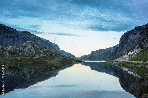 Norwegian lake with dramatic sky at sunset