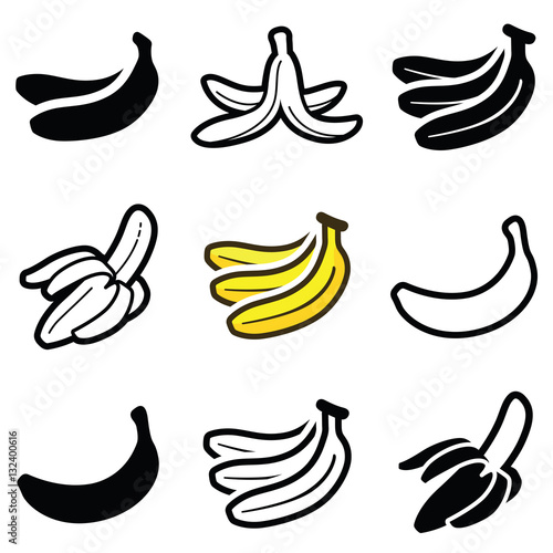 Banana icon collection - vector outline and silhouette