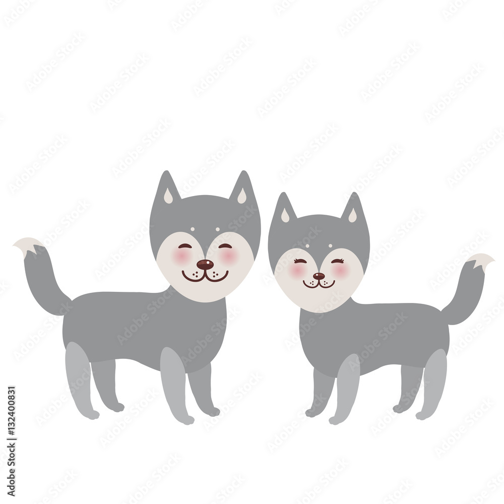 Obraz premium Kawaii funny gray husky dog, face with large eyes and pink cheeks, boy and girl isolated on white background. Vector