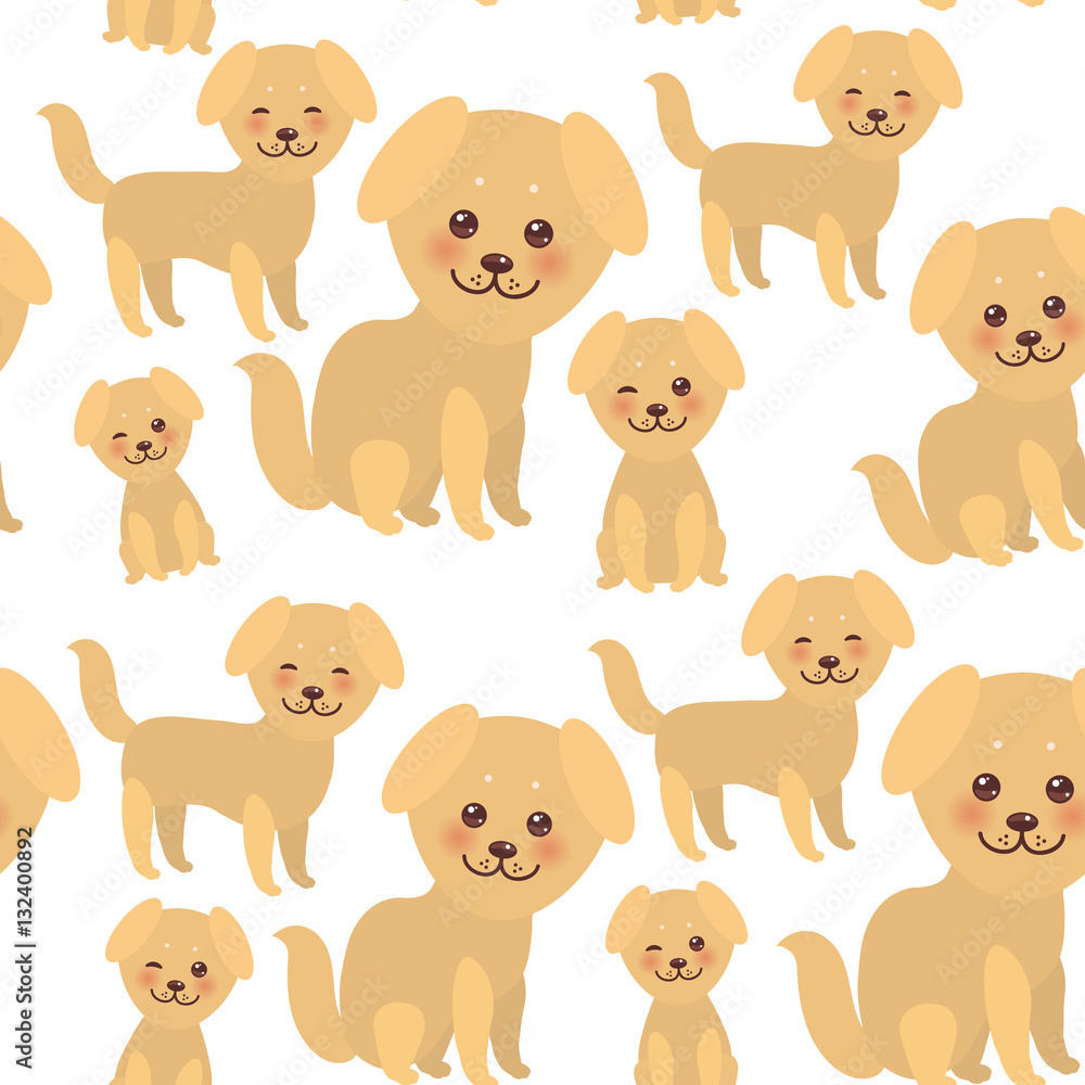 Obraz premium seamless pattern Kawaii funny golden beige dog, face with large eyes and pink cheeks, boy and girl isolated on white background. Vector
