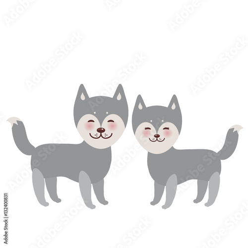 Kawaii funny gray husky dog, face with large eyes and pink cheeks, boy and girl isolated on white background. Vector