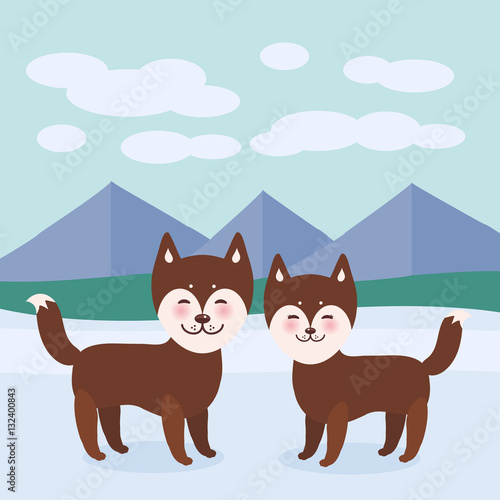 Kawaii funny brown husky dog, face with large eyes and pink cheeks, boy and girl, mountain landscape background. Vector