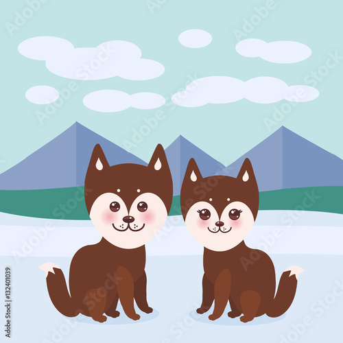 Kawaii funny brown husky dog, face with large eyes and pink cheeks, boy and girl, mountain landscape background. Vector