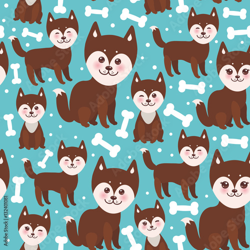 seamless pattern funny brown husky dog and white bones, Kawaii face with large eyes and pink cheeks, boy and girl on blue background. Vector