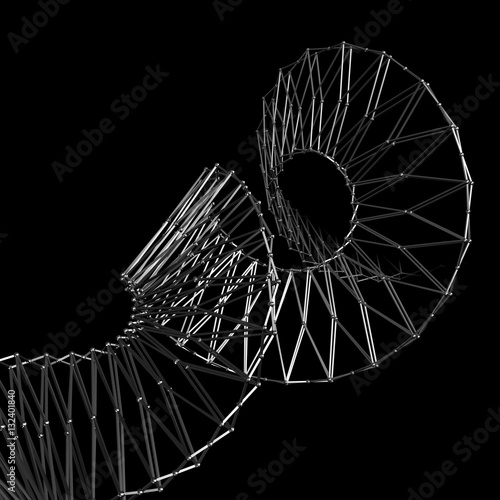 3d abstract rendering of poligonal spiral on black.